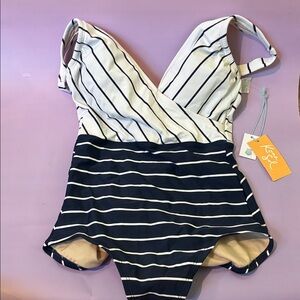 Kona Sol Striped One Piece Swimsuit in Navy and Cream